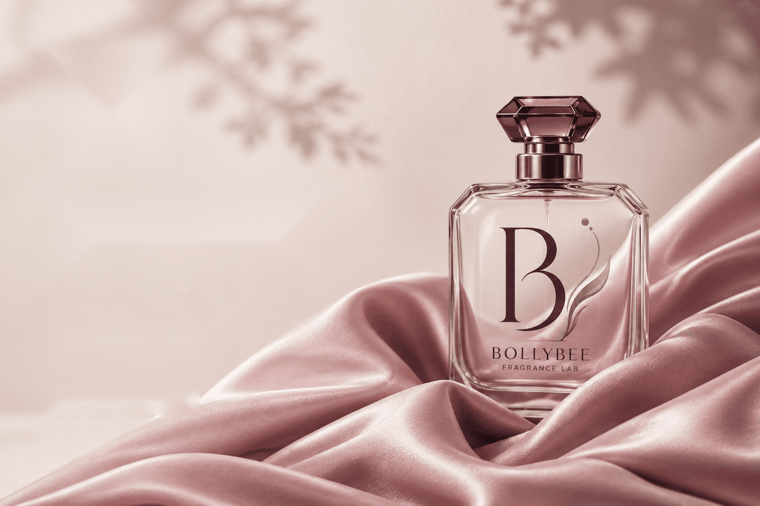 Bollybee fragrance bottle on blush silk